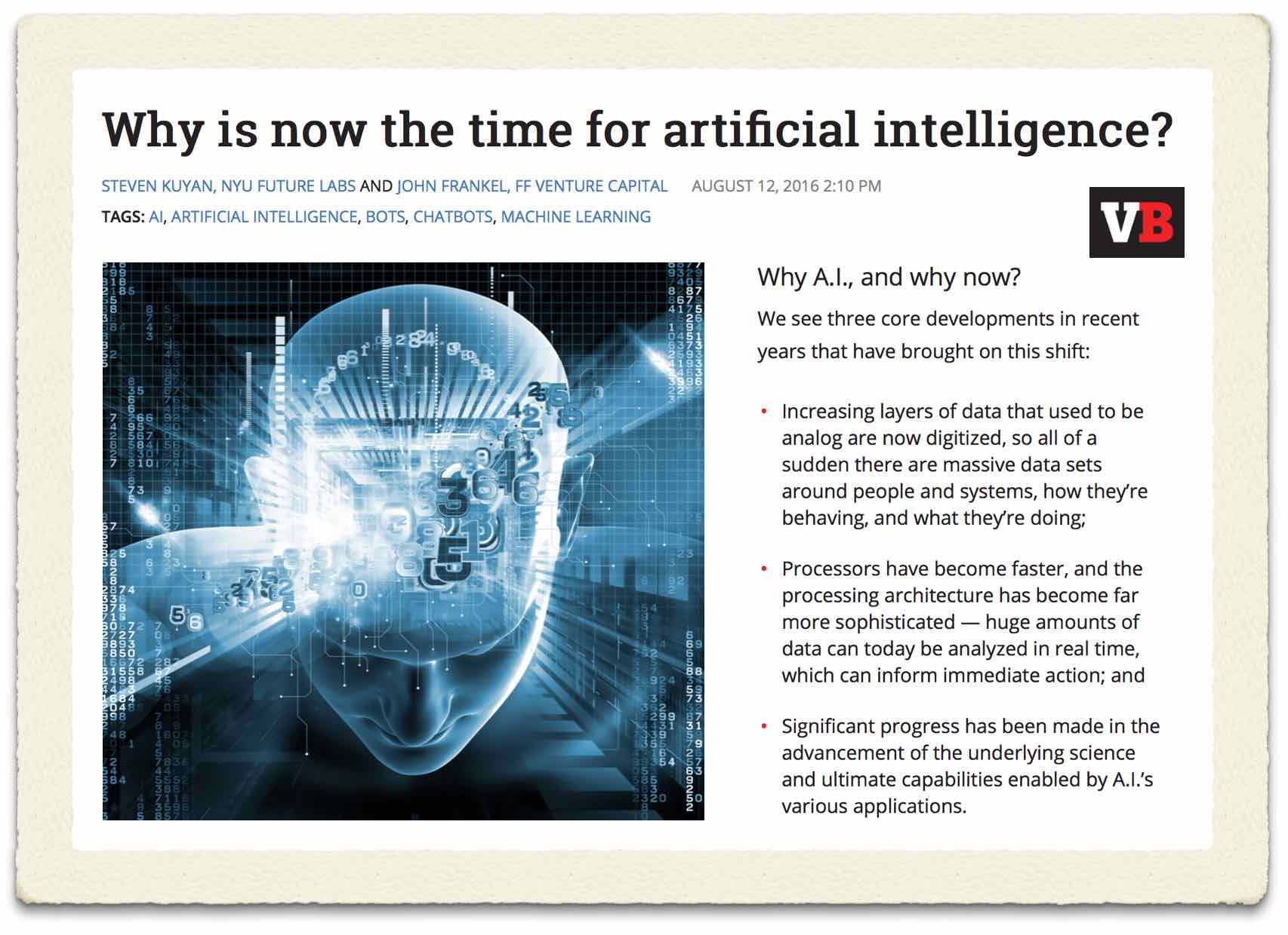 Why Artificial Intelligence and Why Now? (via Venture Beat