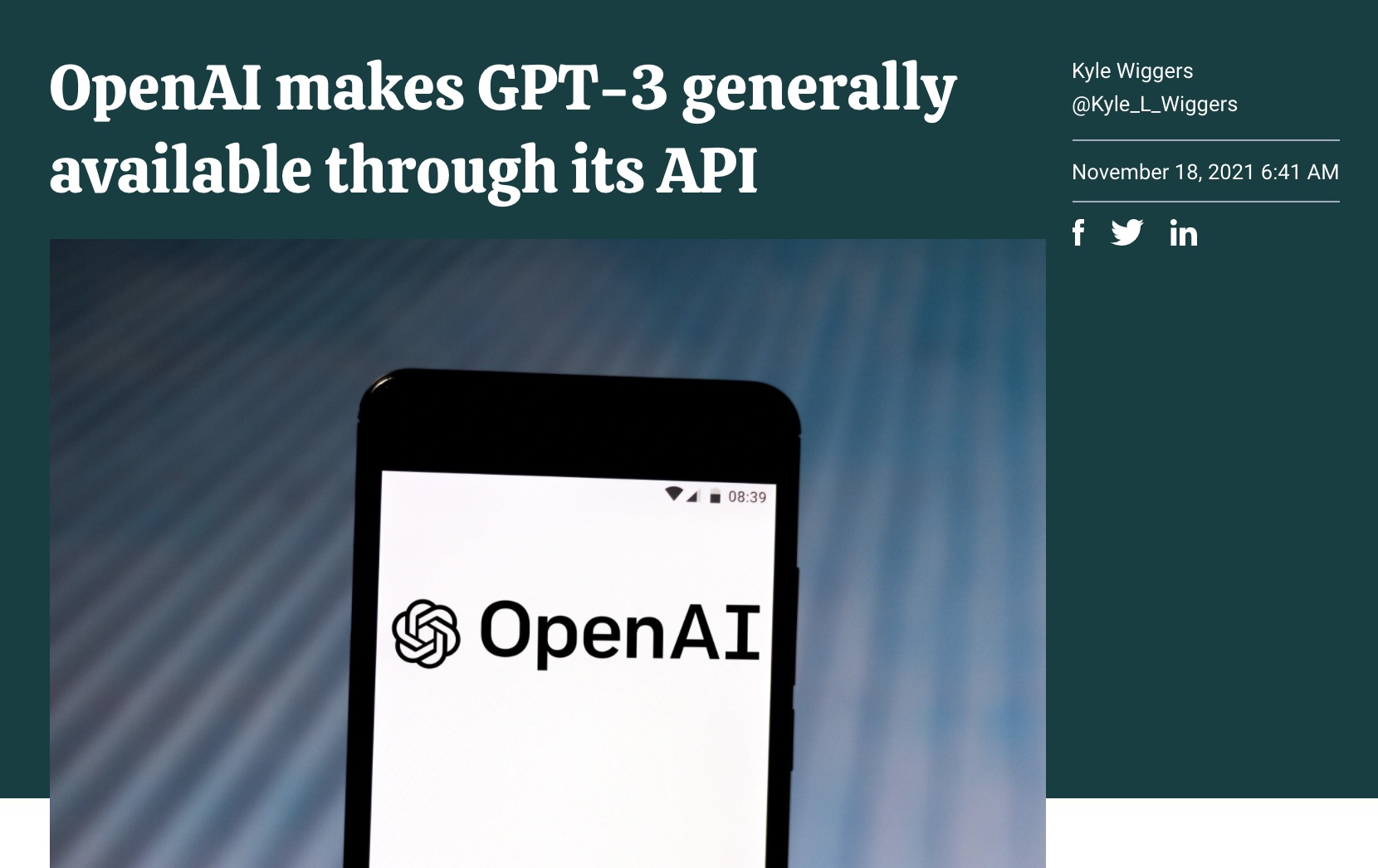 OpenAI makes GPT3 generally available through its API (via Venture